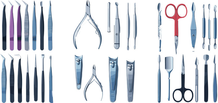 Professional manicure and pedicure stainless steel tool vector set featuring nail clippers, scissors, tweezers, and cuticle pushers for beauty salon, spa, and personal grooming designs.