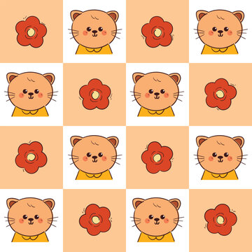 cute patchwork pattern with hand drawn cartoon cat and red flower