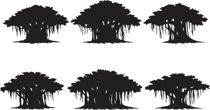 banyan tree silhouettes set vector