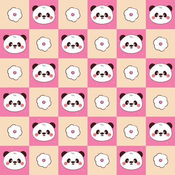 cute pink patchwork pattern with hand drawn cartoon panda and flower
