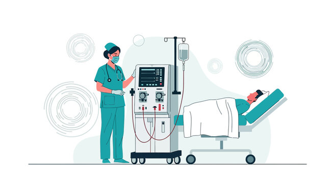 Nurse operating dialysis machine for patient in hospital bed, medical equipment illustration
