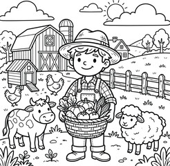 Adorable farm boy with vegetable basket surrounded by cow sheep and chickens in a cartoon countryside landscape. © Vector Creative Art