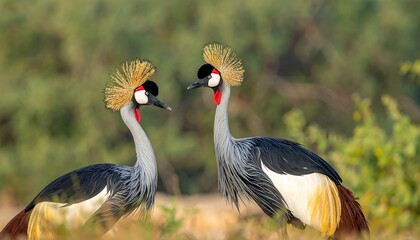 Fototapeta premium Pair of Grey Crowned Cranes in Grassland Habitat.