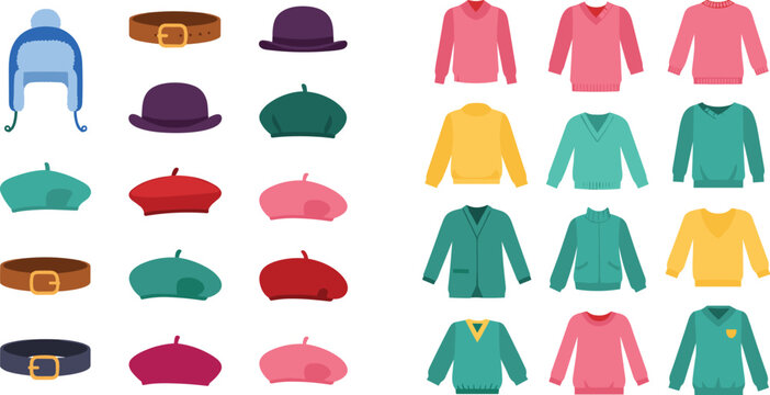 Colorful autumn and winter fashion vector set featuring cozy knitted sweaters, stylish berets, classic bowler hats, and leather belts for seasonal apparel and retail catalogs.