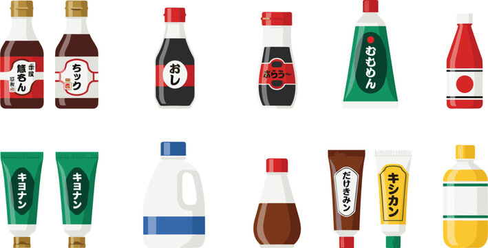 Japanese condiment and sauce vector set featuring soy sauce bottles, wasabi tubes, mirin, rice vinegar, and spicy mayo for authentic Asian cuisine and restaurant menu designs.