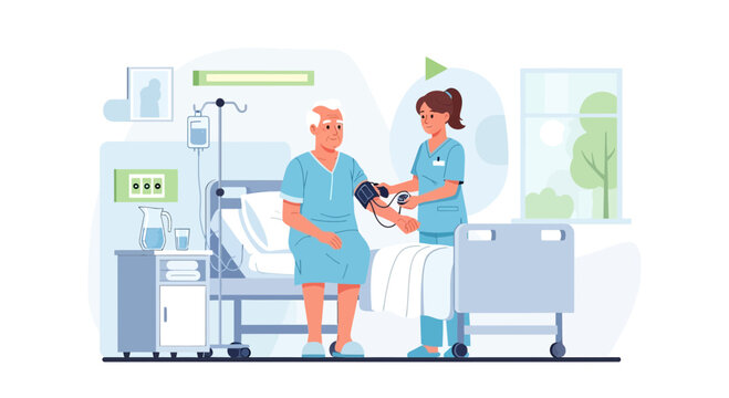 Nurse checks elderly patient's blood pressure in hospital room, medical care concept