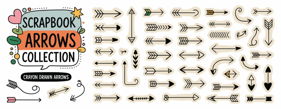 Collage scrapbook doodle arrows collection. Hand drawn curved, straight and short arrows with crayon or pencil texture. Sketch and scribble arrow set. Cut out scrapbook design elements.