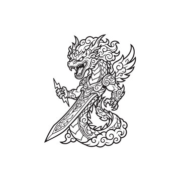 Detailed Dargon Sword Line Art Vector, Tattoo Style Illustration Black White