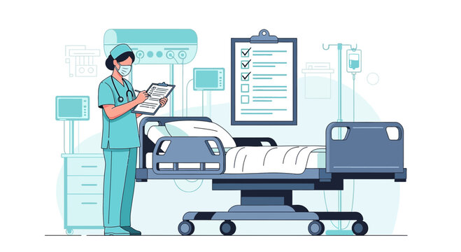 Nurse Checks Patient Chart Beside Hospital Bed in Modern Clinic Room