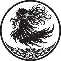 Obraz premium Woman s face with flowing hair celtic knotwork and ravens silhouette on transparent background