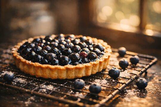 Freshly baked blueberry tart on a wire cooling rack near a sunny window. Suitable for bakery menus pastry advertisements recipe articles and warm homemade dessert food photography.