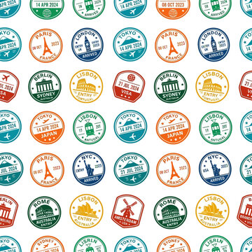 Seamless pattern of dynamic angled passport stamps from various cities on a white background for travel design.