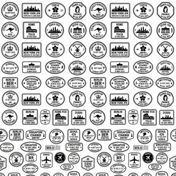 A seamless pattern of various city passport stamp icons in monochrome design on a white background with travel and transportation themes.
