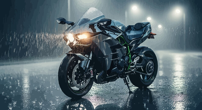 Black motorcycle on wet road.