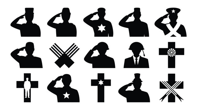 Memorial day silhouette icons featuring soldiers and crosses in salute