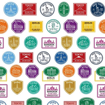 Seamless pattern of minimalist line-based passport stamps featuring iconic landmarks from major cities worldwide in various colors and shapes.