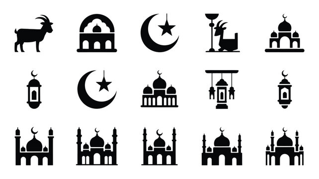 Set of 15 black flat silhouette icons depicting ramadan and islamic symbols including mosques lanterns crescent moon star goat and architecture on white background for design