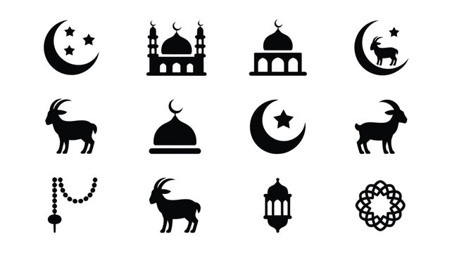 Ramadan kareem icons set with mosque crescent moon star goat lantern and rosary on white background