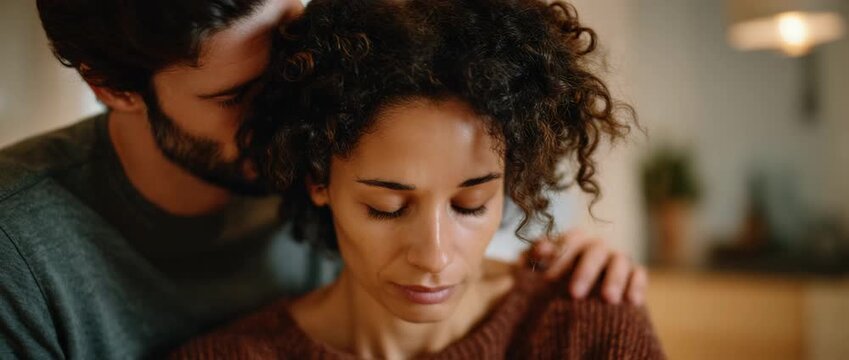 During a quiet, sad moment, a loving spouse tenderly consoles