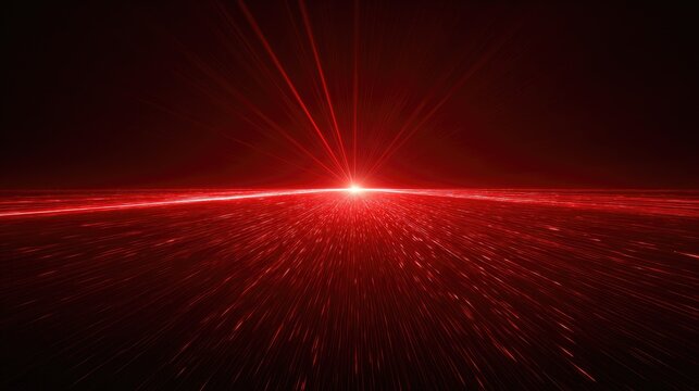Red laser beams emanate from a bright point on a dark horizon
