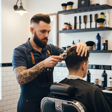 Barber meticulously cuts hair of a client in a professional barbershop setting.