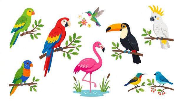 Exotic tropical birds vector set with parrot macaw toucan flamingo colorful flat illustration isolated on white