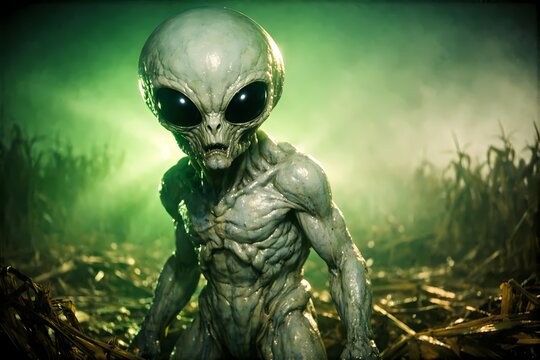 Classic grey alien creature standing menacingly in a misty illuminated cornfield at night. Excellent for science fiction magazine covers extraterrestrial blogs and mystery concepts.