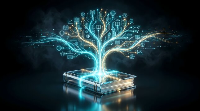 Digital Data Tree Growing from Book, AI Knowledge and Technology Learning Concept