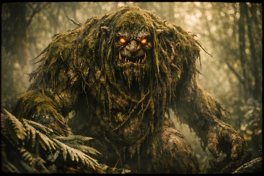 Massive ancient forest troll covered in moss and vines standing among large green ferns. Excellent for fantasy adventure game backgrounds mythical creature lore and magical artwork.
