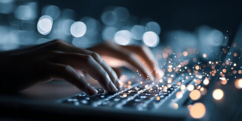 Fototapeta premium Hands Typing on a Keyboard with Blurred Lights and Particles Creating a Dynamic and Modern Digital Atmosphere for Technology and Innovation Themes