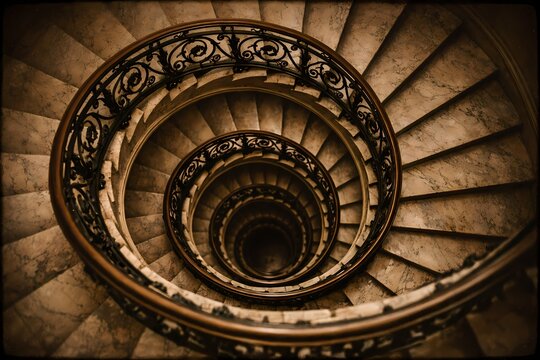 Looking down a beautiful vintage spiral staircase with intricate metal railings in a warm light. Great for architectural portfolios classic interior design blogs and elegant concepts.