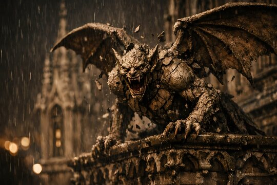 Terrifying stone gargoyle coming to life on a gothic building during a dark rainy night. Suitable for dark fantasy architecture visuals horror covers and mysterious aesthetic themes.