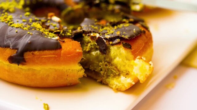Eating Dubai-style donuts with chocolate glaze, topped with chopped pistachios