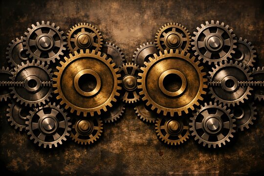 Symmetrical arrangement of intricate brass and copper steampunk gears on a textured dark base. Great for industrial technology concepts mechanical backgrounds and retro engineering.