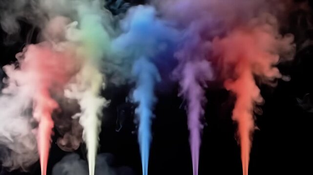 Five streams of colored smoke, red, yellow, blue, purple, and orange, rising against a black background, abstract smoke texture
