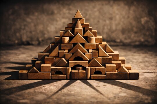 Architectural pyramid structure perfectly built from varying shapes of smooth wooden blocks. Excellent for educational concepts solid foundation metaphors and creative construction themes.