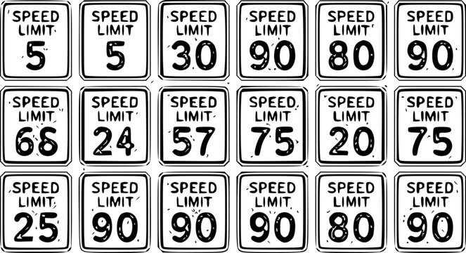 Distressed grunge vintage American speed limit road sign collection with various numbers worn texture style vector illustration