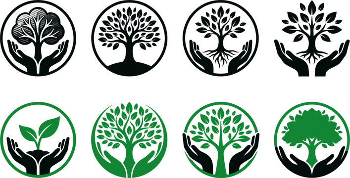 Tree of life caring hands logo icon set in black and green colorway with circular frame and seedling growth symbol vector illustration