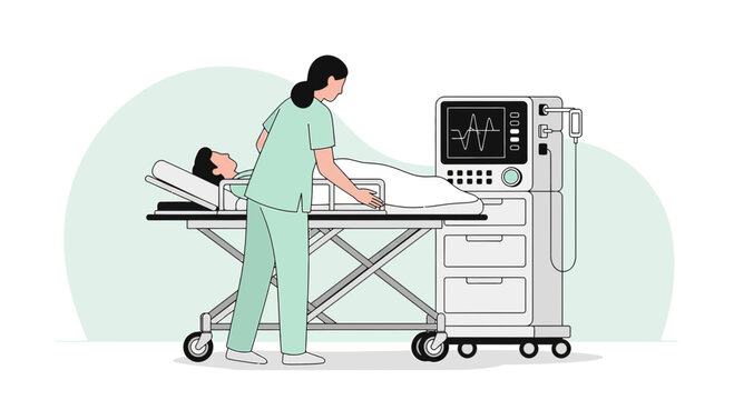 Nurse Attends Patient on Stretcher Near ICU Monitor in Hospital Room