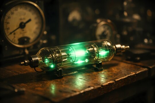 Futuristic glass tube containing glowing green energy elements resting on a dark workbench. Great for science fiction props steampunk laboratory visuals and mysterious tech energy designs.