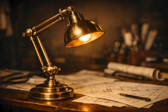 Elegant brass desk lamp illuminating architectural blueprints and drafting tools on a table. Ideal for engineering project concepts interior design portfolios and professional workspaces.