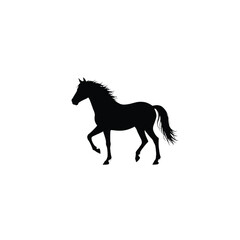 Fototapeta premium Horse silhouette captured in a graceful walking pose displays elegant lines and a flowing mane against a stark white backdrop to serve as a versatile element for equestrian brand identity design.