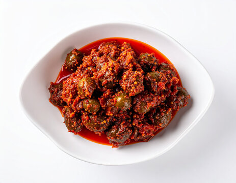 Spicy mixed Indian Ker pickle served on a white plate, packed with bold flavors and rich red masala.
