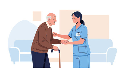 Fototapeta premium Nurse Assisting Elderly Man with Cane, Home Care Support, Geriatric Assistance