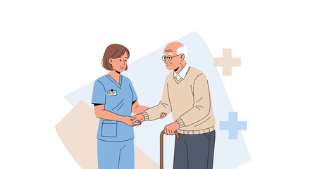 Obraz premium Nurse Assisting Elderly Man with Cane, Healthcare Support, Senior Care, Medical Assistance