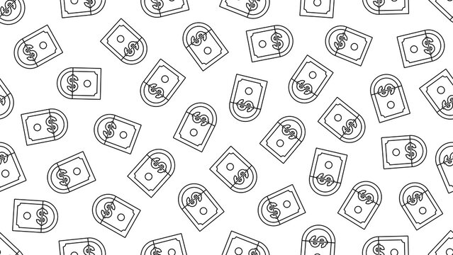 Seamless vector pattern featuring stroke outline icons of half dollar notes and dollar coins on a transparent background. Money, cash, dollar concept seamless patterns, and financial backgrounds.