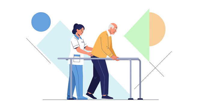 Nurse assisting elderly man with physical therapy using parallel bars