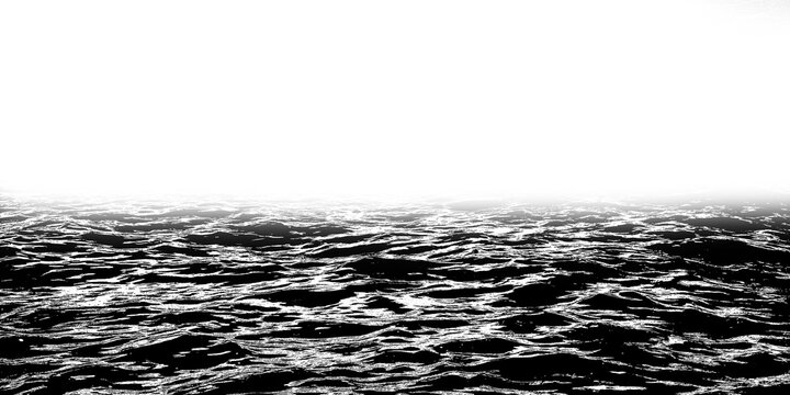 The horizon line is soft and hazy where the dark details of the water gradually fade into stark, solid white background that occupies. Creates sense of infinite space or bright