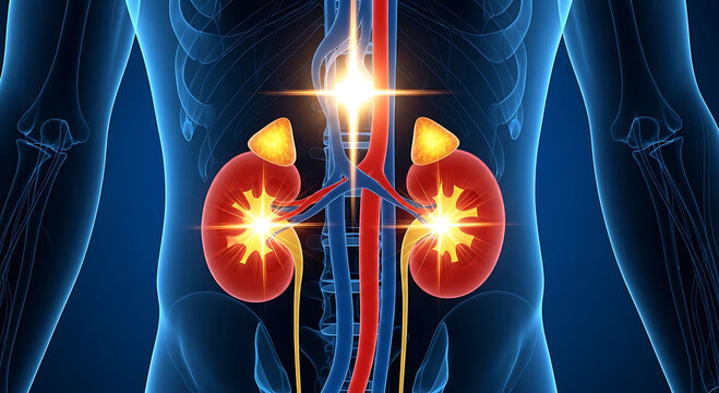 Human kidney anatomy glowing medical illustration urinary system organs detailed view
Descri