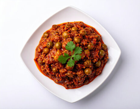 Spicy mixed Indian Ker pickle served on a white plate, packed with bold flavors and rich red masala.